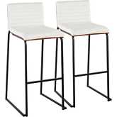 Mason Mara 30" Bar Stool in Black Metal, Walnut Wood & White Leatherette (Set of 2)
